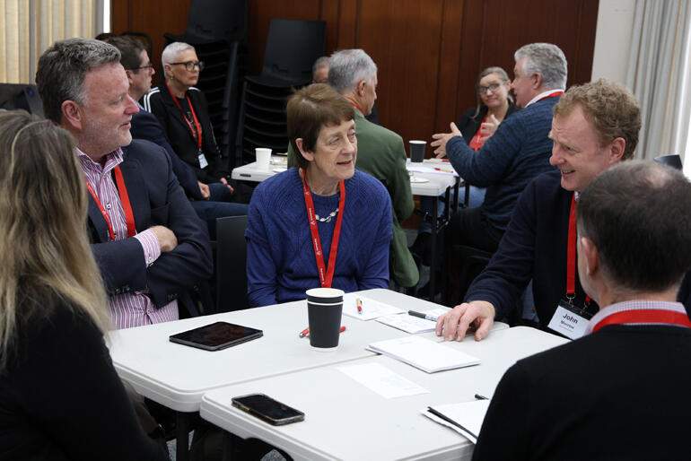 Swapping notes (L-R): Grant Hope (St John's College Trust Board), Janice Burton (Dunedin Diocesan Trust Board) and John Morrow (JBWere).