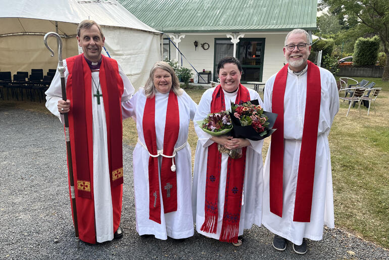 Disability advocate Rev Hilary Willett celebrates her new role in Hanmer with +Peter Chch, Vicki Terrell & Toby Behan.