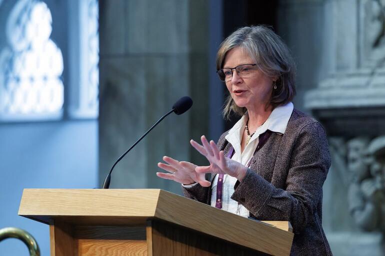 Dr Kim Barker of Southern Africa province speaks during the Global Conversation on Safe Church at ACC-19. Photo: Neil Turner