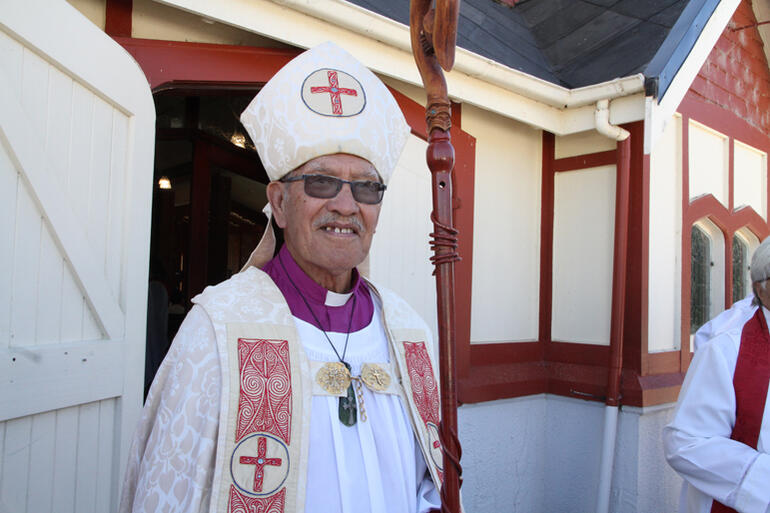  Bishop Ngarahu Katene stands at the door of St Faith's Ohinemutu before the Eucharist that ended his episcopal ministry celebration on 12 April 2025.