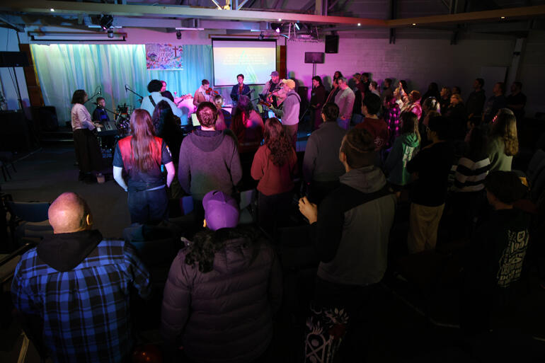 The Abbey band drawn from across the motu leads worship during The Abbey closing Eucharist.