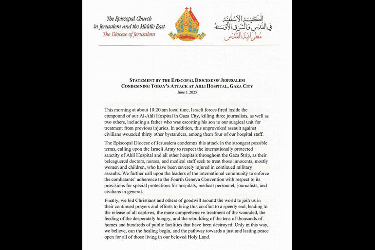 The Episcopal Diocese of Jerusalem has condemned an IDF attack that killed five people at Al Ahli Hospital yesterday.